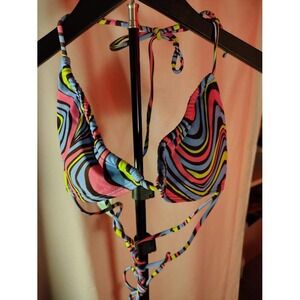 Full Tilt Swim Top Medium Multi Color Wave‎ Tie Halter Bikini Swimsuit